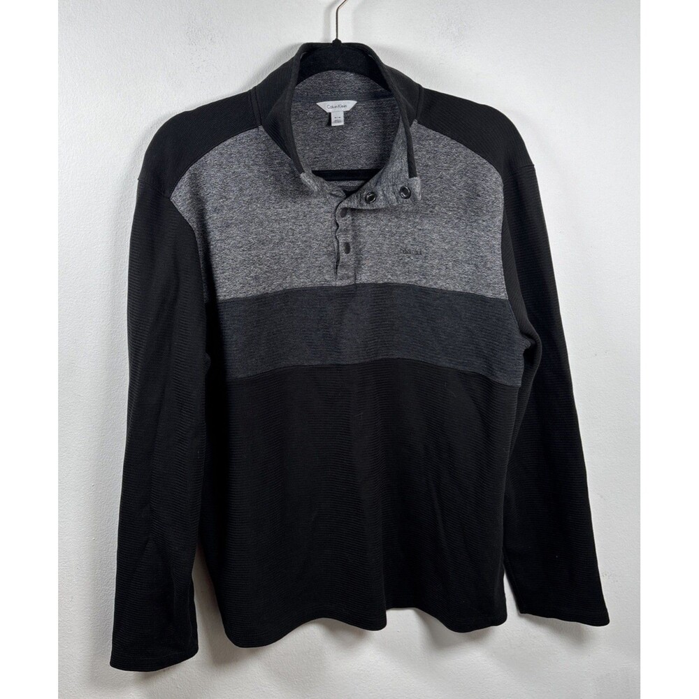 Calvin Klein Men’s M Snap Mock Neck Pullover Sweatshirt Gray Black Colorblock